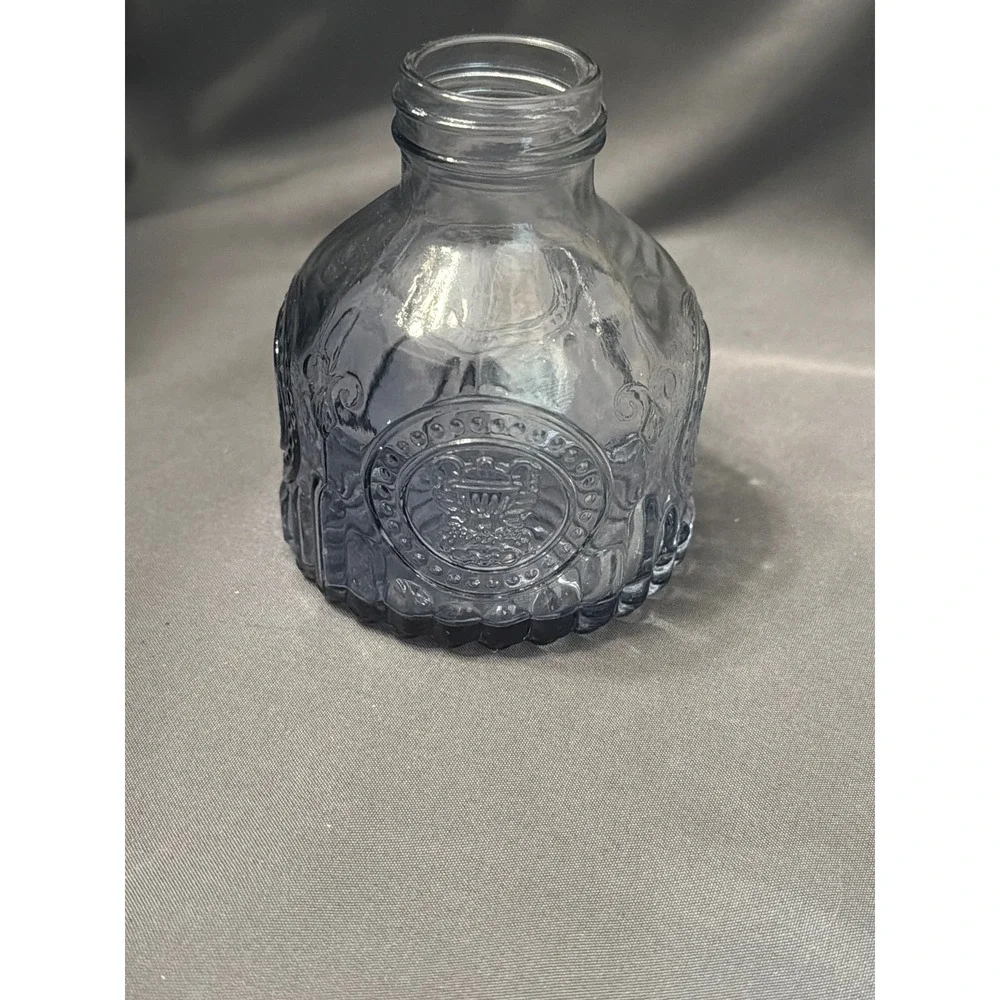 Vintage Blue Embossed Glass Bottle Scalloped Bud Vase Crest Design 3.5 Inch